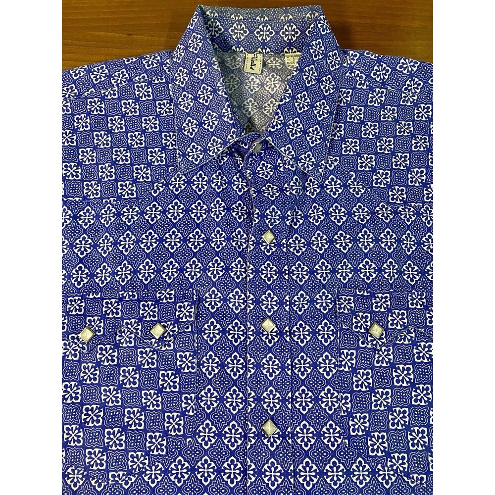 Walls Mens XL Pearl Snap Shirt Western Geometric Sawtooth Pocket Rodeo Blue